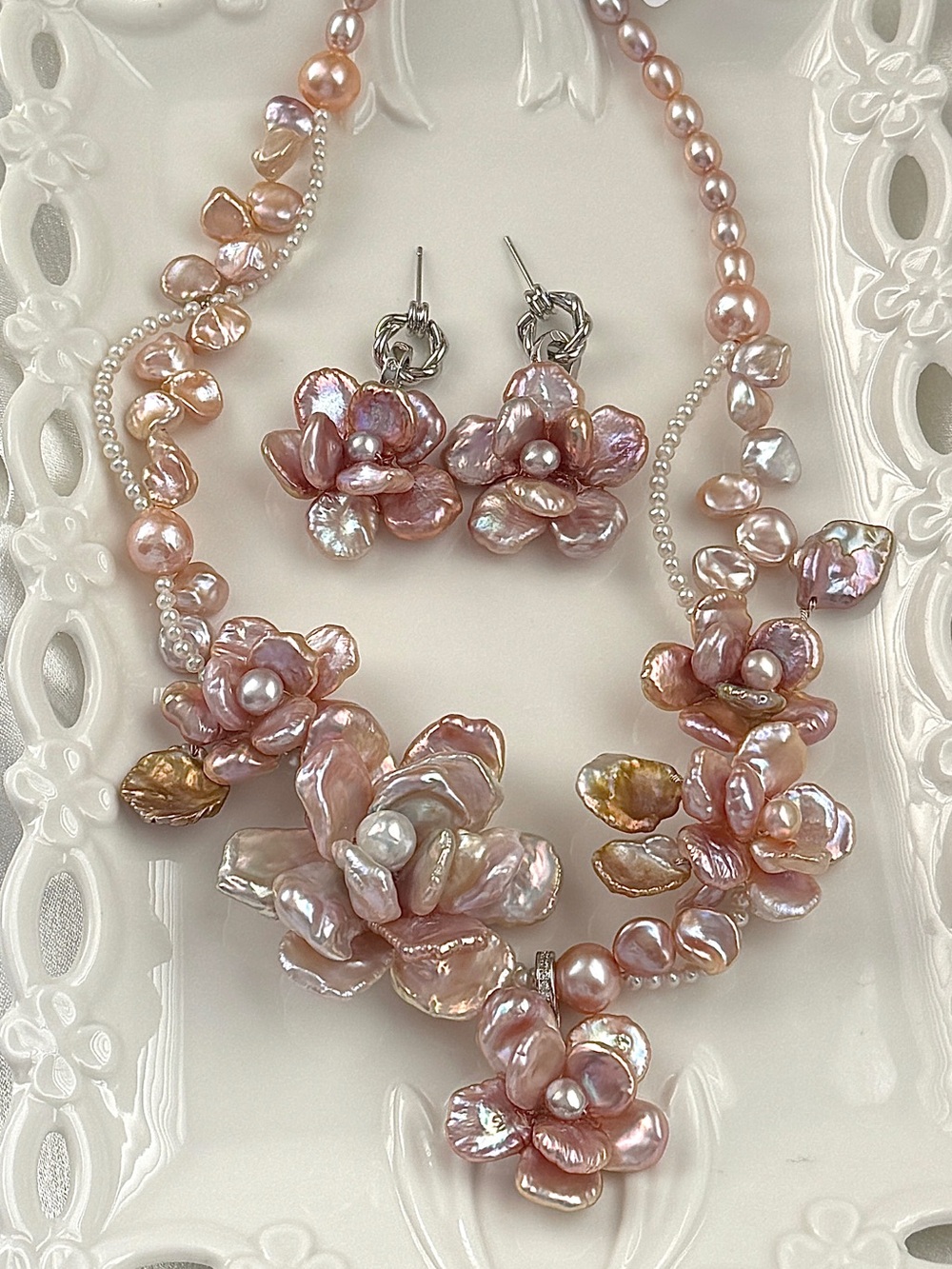 Premium Sakura Pink Flower Necklace And Detachable Flower Earring